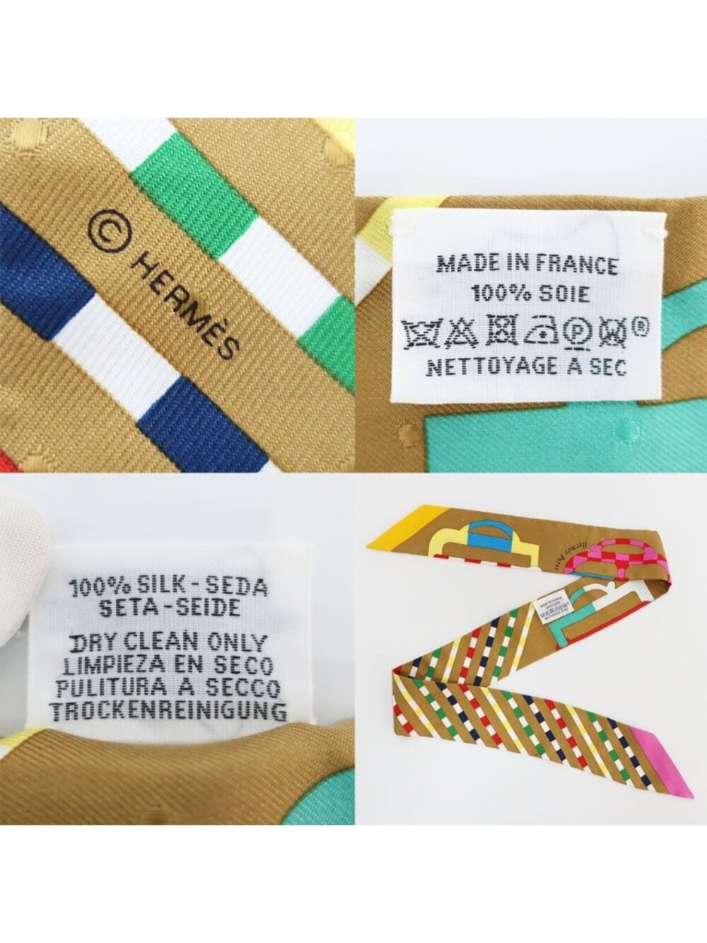 Hermes Tian White Twilly Bouclerie Moderne Buckle Scarf Silk Tabac Rose Blue - Picture 8 of 10